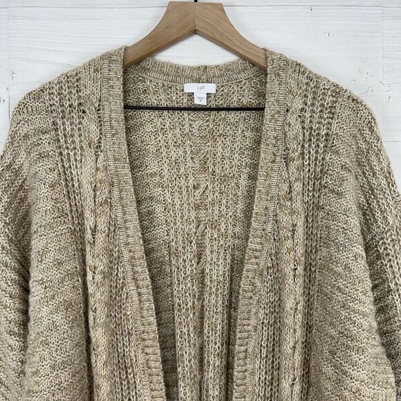 J.Jill Size M Long Cardigan Tan Open Front Cable Knit Lightweight Pockets Cotton - Picture 2 of 15